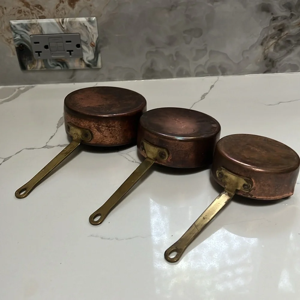 Set of 3 French Antique Copper Measuring Cups with Brass Handle